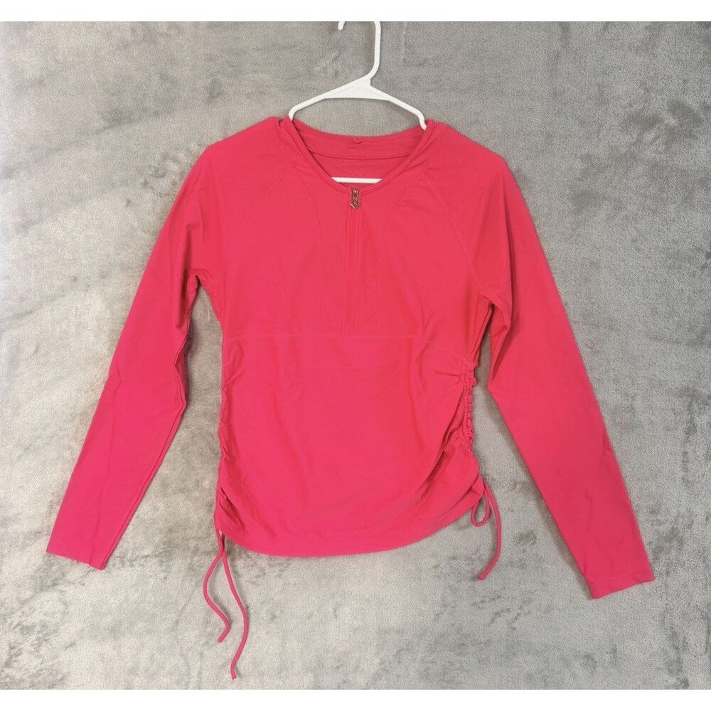 prAna Womens Medium Quarter Zip Athletic Top Pink Ruched‎ Side Yoga Hiking